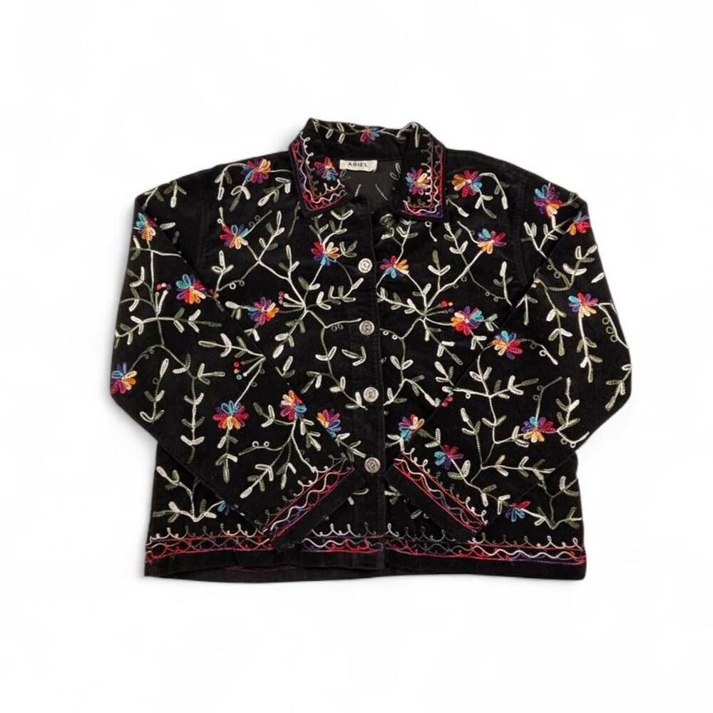 Vintage Ariel Black Velvet Floral Embroidered Jacket Women’s L Boho - Picture 2 of 7